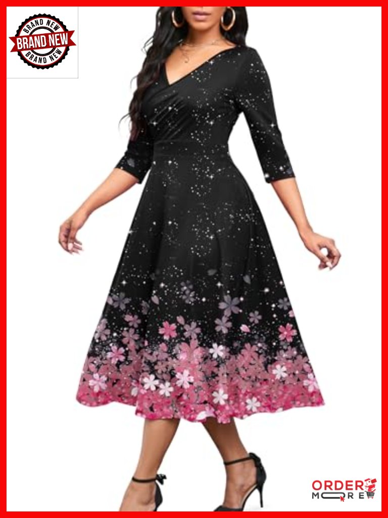 Casual Wrap Flared Midi Dress Wedding Guest Cocktail Tea A-Line Swing V-Neck